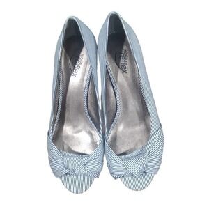 Moda Reflex Cork Wedge Peep Toe Shoes, Navy & White, Size 8.5